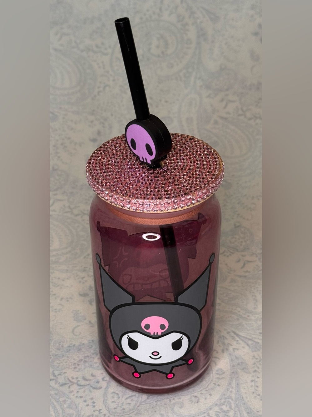 Hello Kitty - Kuromi Glass Tumbler, Crystal Bamboo Top, Reusable Straw
